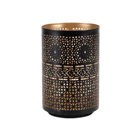 Black & Gold Mandala Punched Metal Candle Holder Set